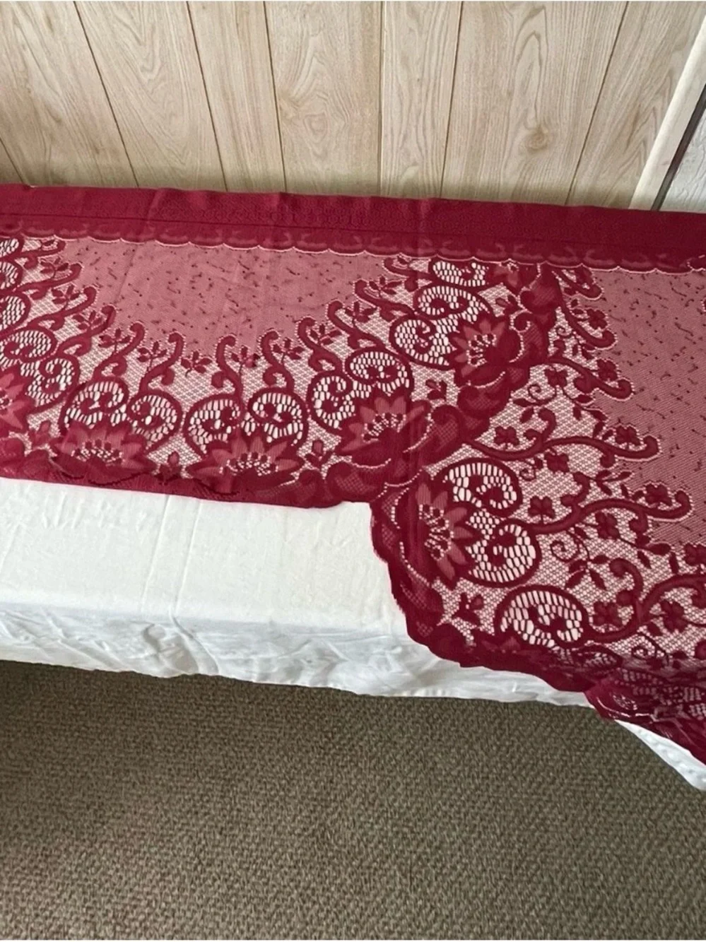 Handmade Red Lace Window Valance Overlay - Elegant Decor